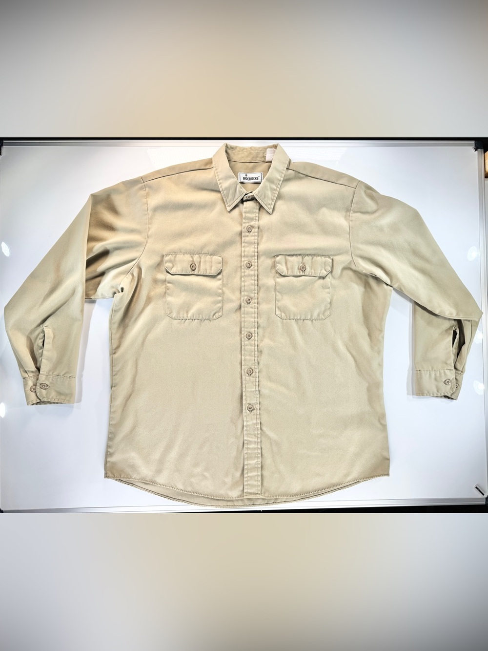 Vintage 2XL Roebucks Long Sleeve Work Shirt Beige Sears Twill Tan Brown